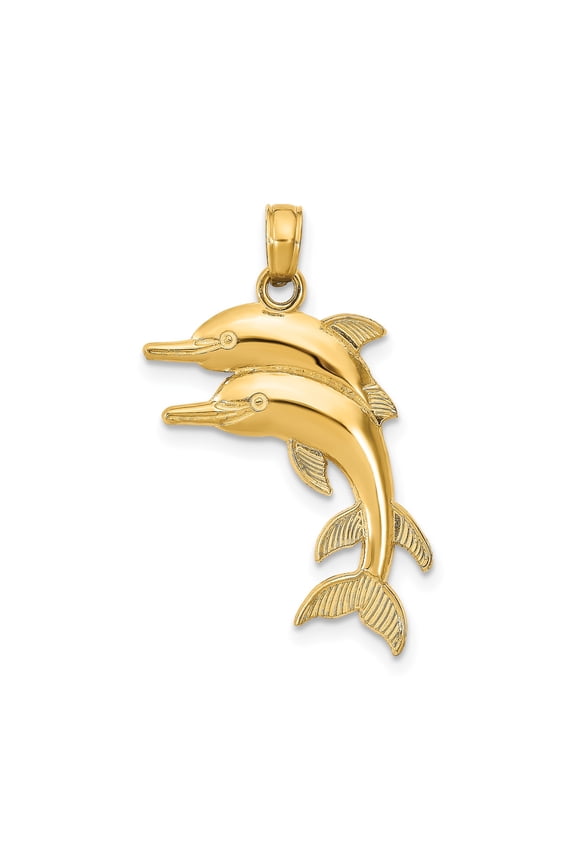 14k Yellow Gold Two Jumping Dolphins Pendant Charm, Polished Ocean Animal 23 mm