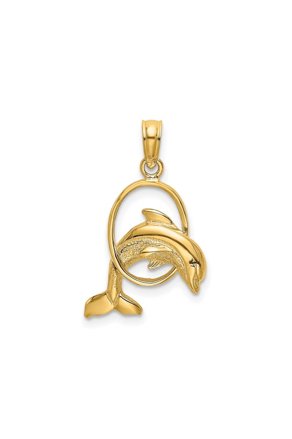 14k Yellow Gold Dolphin Pendant Necklace for Women or Unisex, Jumping Hoop Design, Nautical Marine Animal Jewelry, Ocean Theme, Nature-Inspired Coastal Style