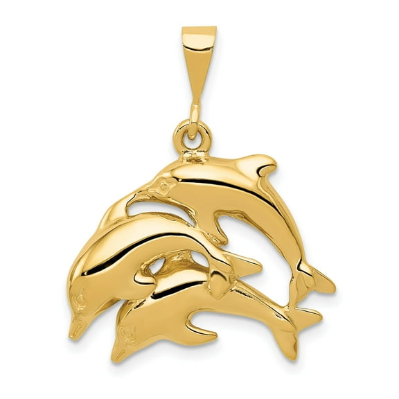 14k Yellow Gold Dolphin Pendant Necklace for Women or Unisex Wearers, Triple Dolphin Marine Design, Ocean Life Nautical Symbolic Animal Jewelry