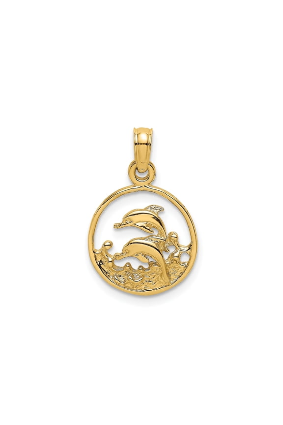 14k Yellow Gold Dolphin Pendant with Waves, Openwork Circle Nautical Necklace for Women or Unisex, Ocean Beach Jewelry Symbolizing Harmony and Freedom