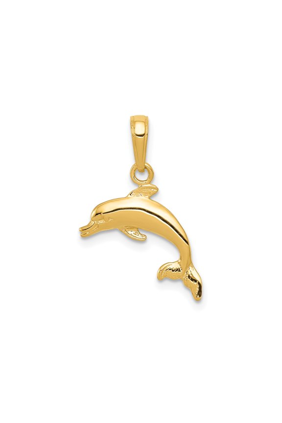 14k Yellow Gold Dolphin Pendant for Women or Unisex, Polished Jumping Design, Ocean Animal Jewelry, Marine Life Charm, Nautical Nature-Inspired Style Necklace