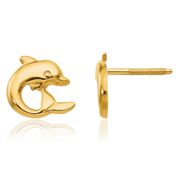 14K Solid Yellow Gold Sea Dolphin Ocean Fish Beach Nautical Post Screw Back Stud Earrings