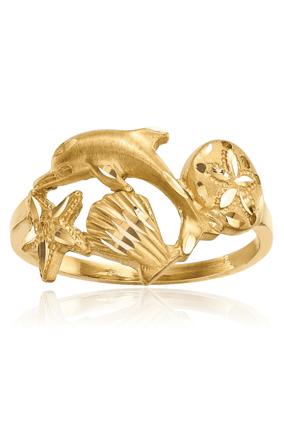 14K Solid Yellow Gold Sea Dolphin Ocean Fish Beach Nautical Starfish Shell Sand Dollar Star Ring