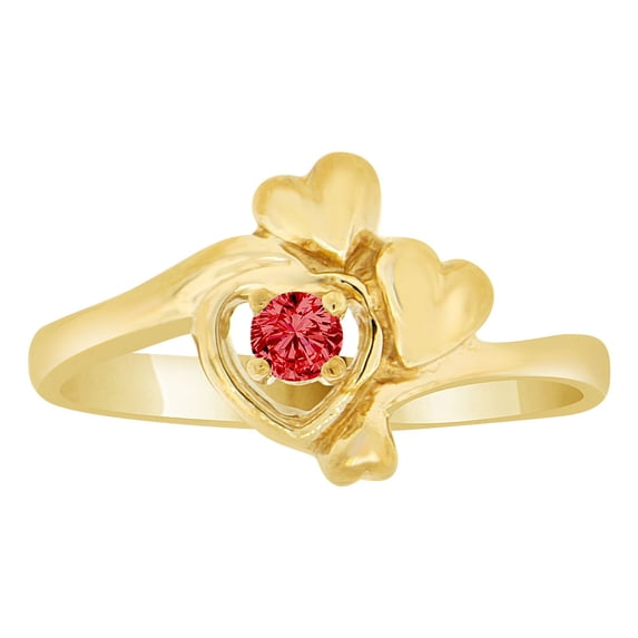 14k Yellow Gold, Double Heart Design Ring Dk Red CZ Jan Synthetic Birthstone Size 9