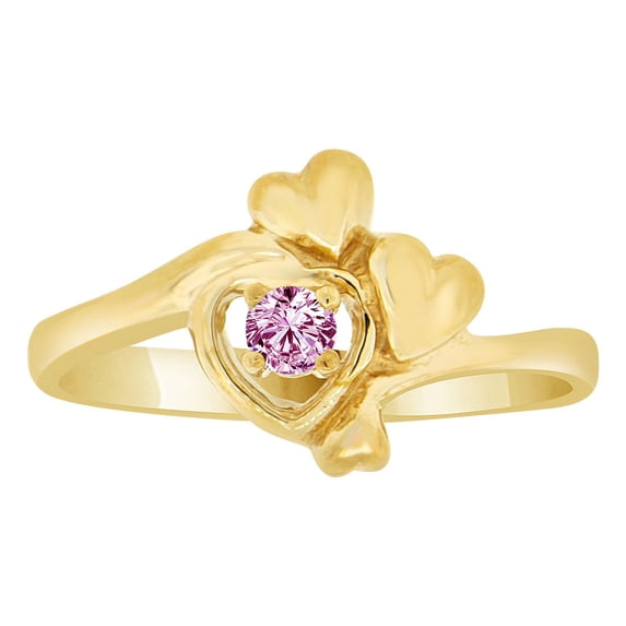 14k Yellow Gold, Double Heart Design Ring Purple CZ Jun Synthetic Birthstone Size 9