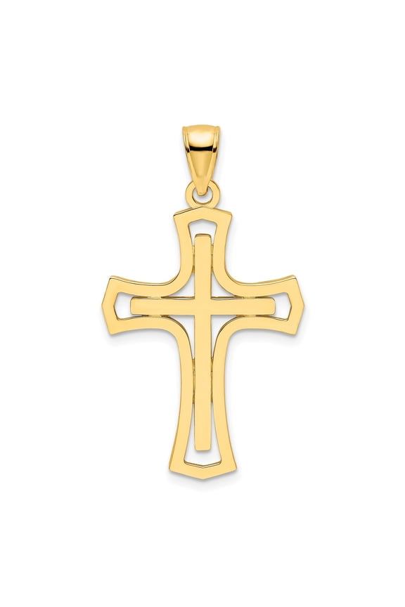14k Yellow Gold Double Layer Cross Pendant Necklace for Men and Women Polished Modern Faith Jewelry Spiritual Statement Accessory with Sleek Symbolic Design