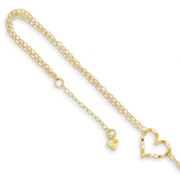 14k Yellow Gold Double Strand Heart 9 Inch 1 Adjustable Chain Plus Size Extender Anklet Ankle Beach Bracelet Love Fine Jewelry For Women Gifts For Her