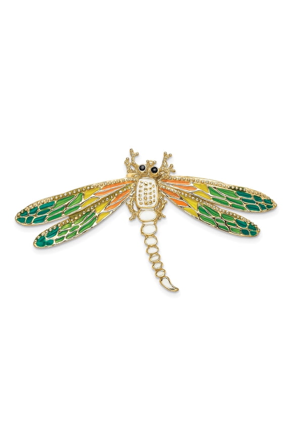 14k Yellow Gold Dragonfly Brooch for Women with Green Orange Yellow Enamel Wings, Nature Inspired Insect Pin, Symbolic Jewelry for Lapel, Elegant Statement Accessory
