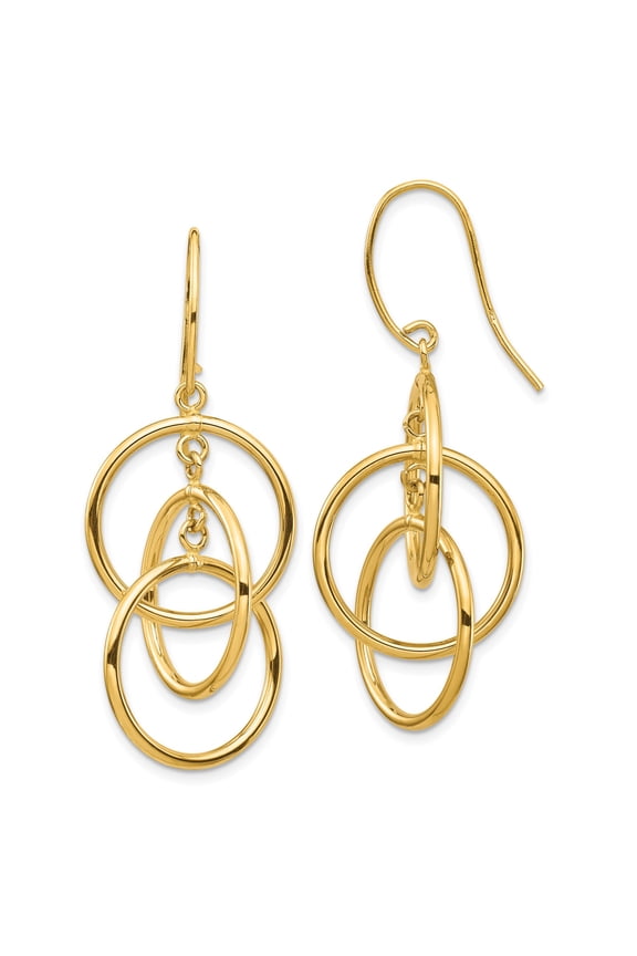 14k Yellow Gold Drop Earrings for Women, Interlocking Open Hoop Dangle Design, Lightweight Modern Fine Jewelry for Formal Wear, Elegant Statement Style