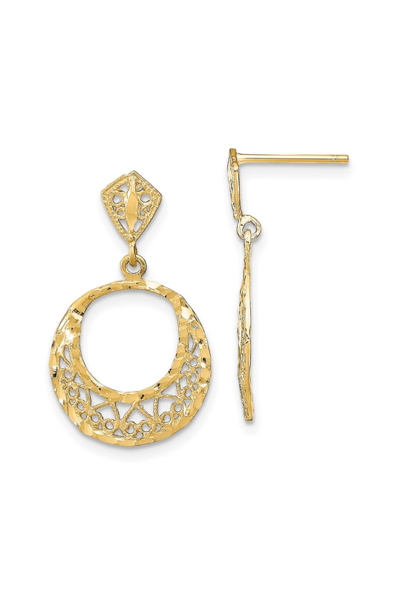 14k Yellow Gold Circular Filigree Drop Earrings, Diamond-Cut Polished, 25mm
