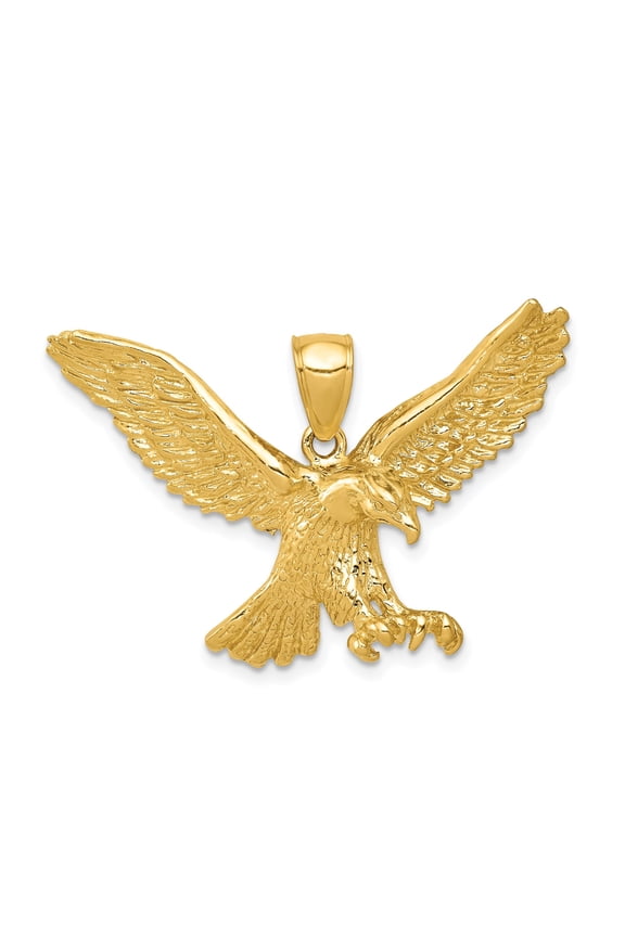 14k Yellow Gold Eagle Pendant for Men, Flying Design with Outstretched Wings and Talons, Symbolizing Freedom, Power, Courage, Patriotic Spiritual Jewelry, Bold Statement Necklace