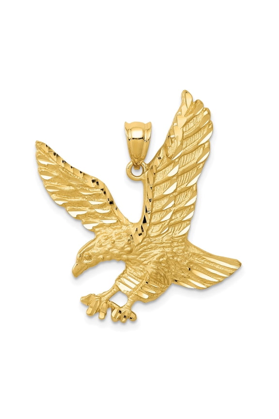 14k Yellow Gold Eagle Pendant for Men with Outstretched Wings, High Polish Statement Jewelry Symbolizing Strength, Freedom, Courage, Patriotic Americana Style Necklace Accessory