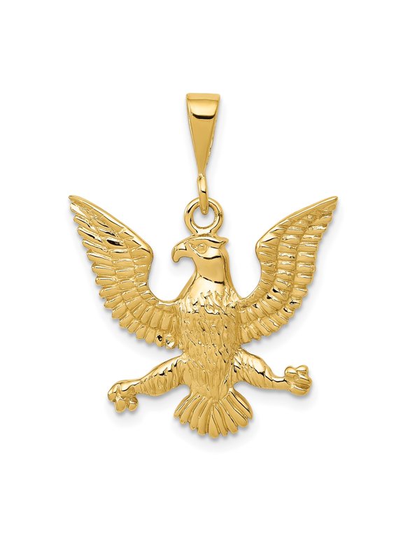 14k Yellow Gold Eagle Pendant Charm, Polished Patriotic Spread-Wing Design for Men