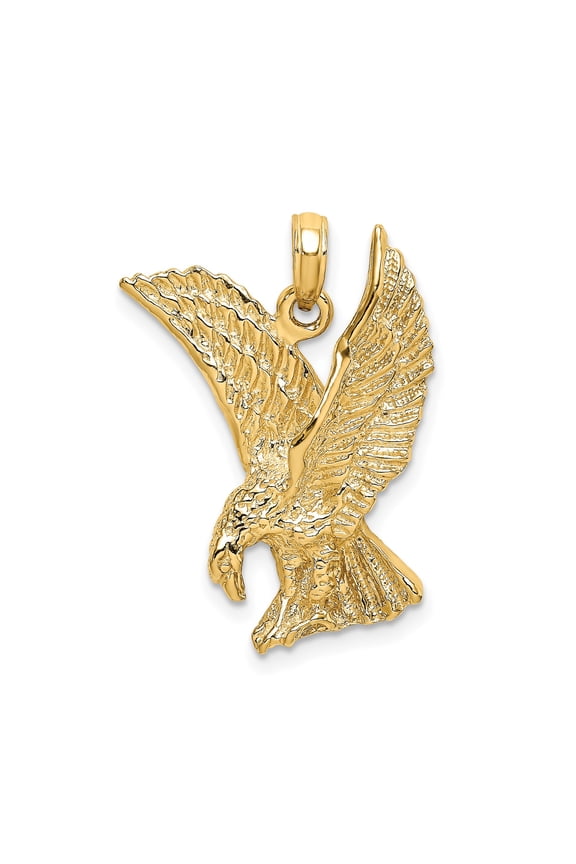 14K Yellow Gold Eagle Wings-Up Pendant Charm, Polished Textured Feathers, 24.3mm