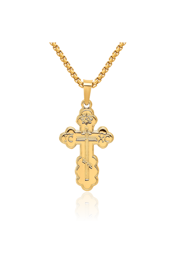 14K Solid Yellow Gold Eastern Russian Orthodox Holy Cross Necklace Religious Chain Pendant Jesus Christ Charm