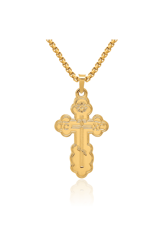 14K Solid Yellow Gold Eastern Russian Orthodox Holy Cross Necklace Religious Chain Pendant Jesus Christ Charm