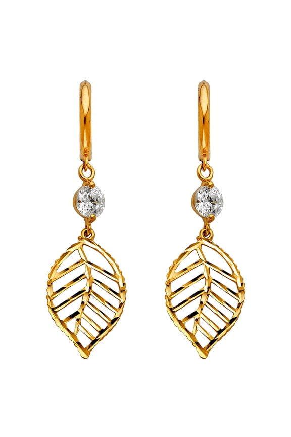 14k Yellow Gold Elegant Leaf Dangle Hanging Feather Cutout Earrings Jewelry Female Unisex