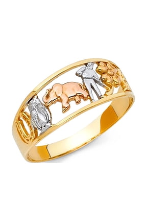 14k Yellow Gold Elephant Owl Horseshoe Clover 13 Charm Ring Good Luck Charm Band 8MM, Size 8