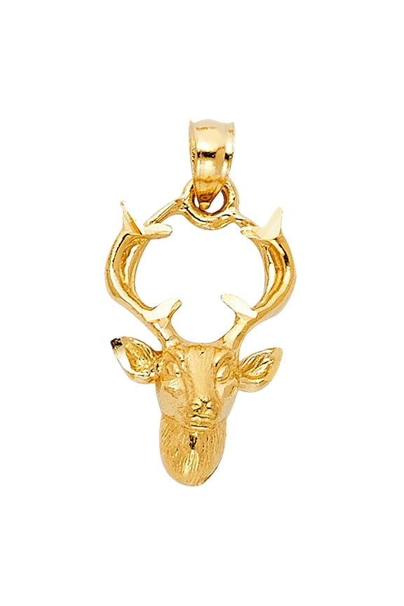 14k Yellow Gold Elk Buck Deer Head Pendant Diamond-Cut Antlers Charm Jewelry Female Unisex