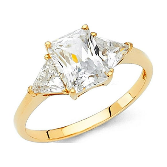 14k Yellow Gold Emerald CZ Engagement Ring Anniversary Solitaire CZ Band Trilliant Side Stones Size 8