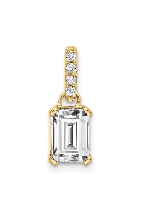 14k Yellow Gold Emerald Cut Clear Gemstone Pendant with Diamond Accent Bail, Fine Jewelry for Women, Luxury Fashion Necklace Charm Statement