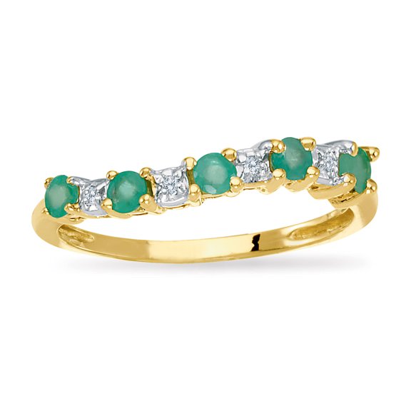 14k Yellow Gold Emerald and Diamond Wave Band