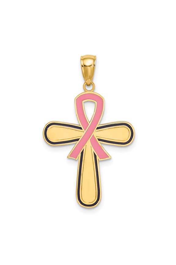14k Yellow Gold Enamel Pink Ribbon Breast Cancer Cross Fine Jewelry For Women Gifts For Her