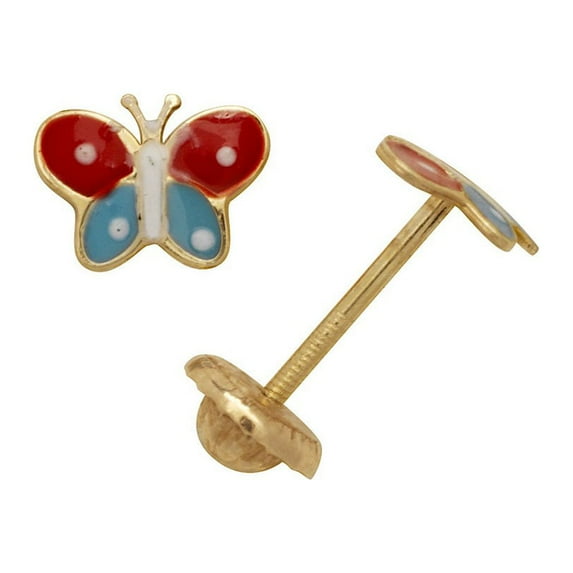 14k Yellow Gold Enamel Screw-Back Butterfly Earrings - Measures 6x7mm