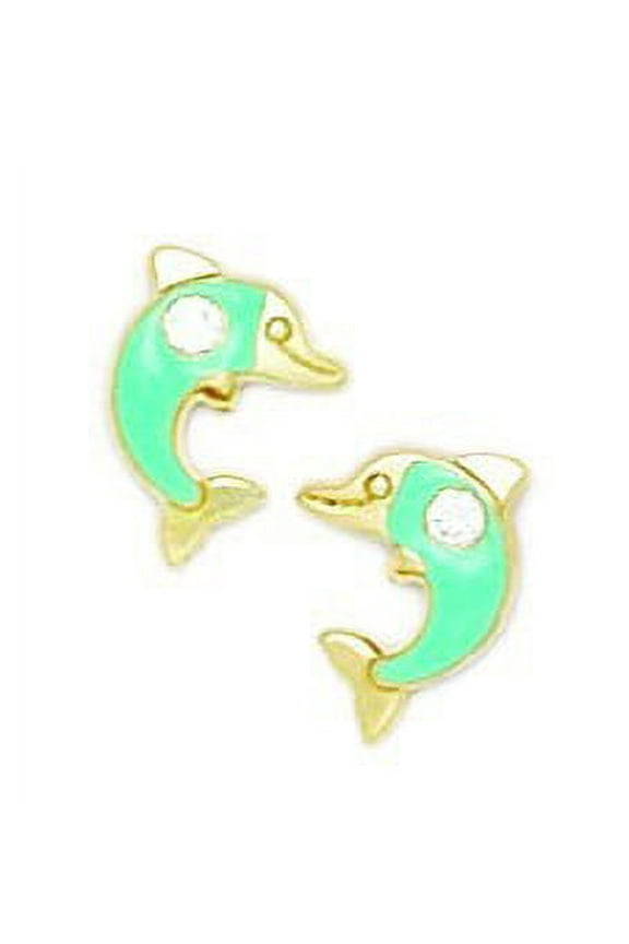 14k Yellow Gold Enamel Screw-Back Green Dolphin Earrings - Measures 10x8mm