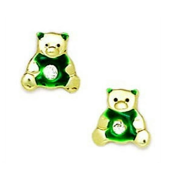 14k Yellow Gold Enamel Screw-Back Green Teddy Bear Earrings - Measures 9x9mm