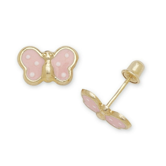 14k Yellow Gold Enamel Screw-Back Large Pink Butterfly Earrings - Measures 7x10mm
