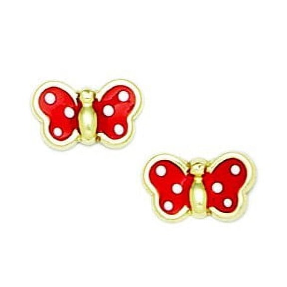 14k Yellow Gold Enamel Screw-Back Large Red Butterfly Earrings - Measures 7x10mm