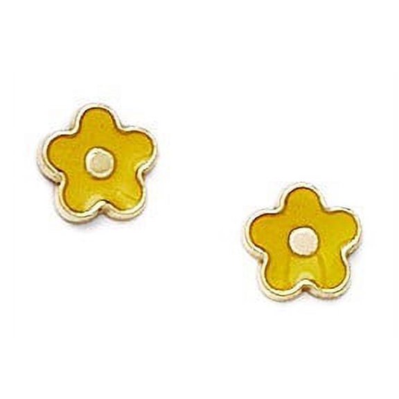 14k Yellow Gold Enamel Screw-Back Medium Yellow Flower Earrings - Measures 7x7mm