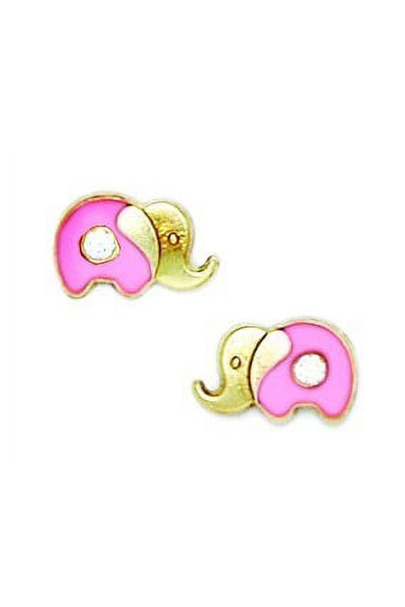 14k Yellow Gold Enamel Screw-Back Pink Elephant Earrings - Measures 7x10mm