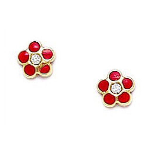 14k Yellow Gold Enamel Screw-Back Red Flower Earrings - Measures 6x6mm