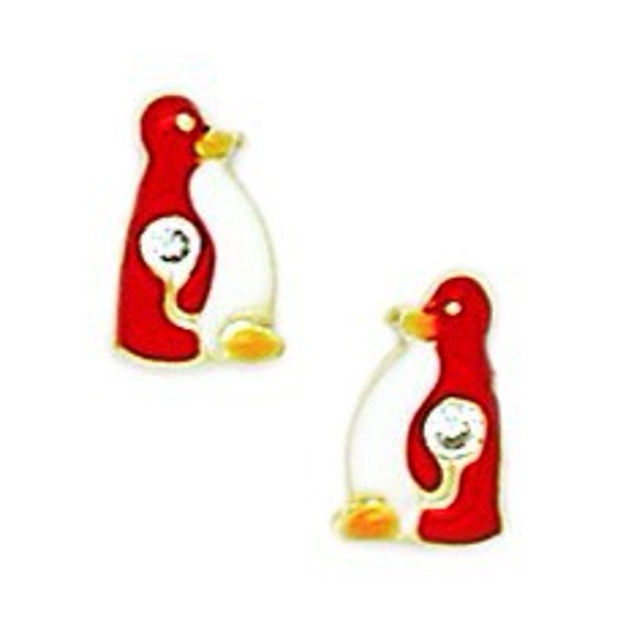 14k Yellow Gold Enamel Screw-Back Red Penguin Earrings - Measures 9x6mm