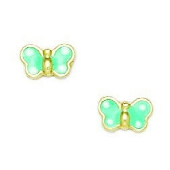 14k Yellow Gold Enamel Screw-Back Small Green Butterfly Earrings - Measures 5x7mm