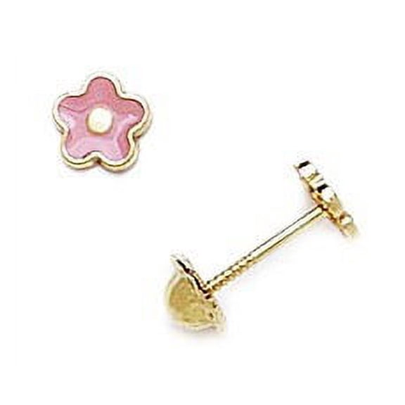 14k Yellow Gold Enamel Screw-Back Small Pink Flower Earrings - Measures 5x5mm