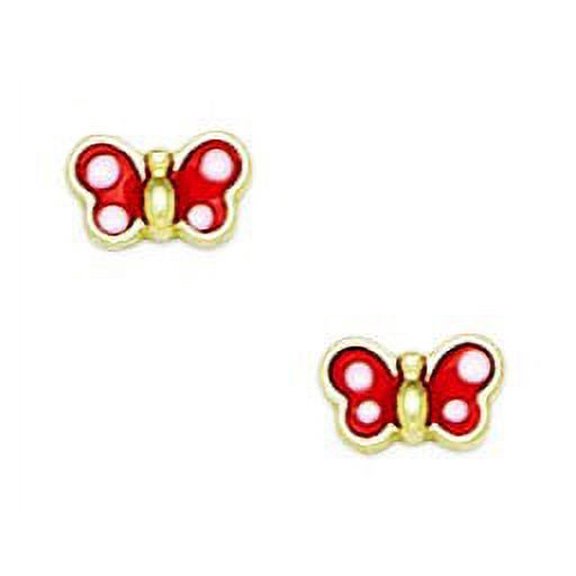 14k Yellow Gold Enamel Screw-Back Small Red Butterfly Earrings - Measures 5x7mm