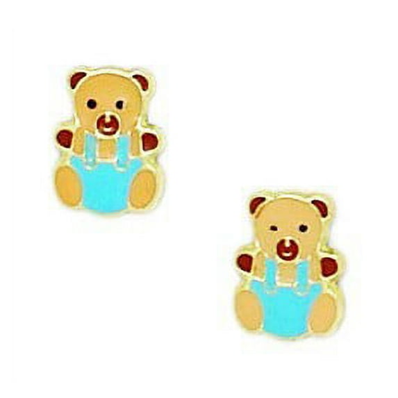 14k Yellow Gold Enamel Screw-Back Teddy Bear Earrings - Measures 9x7mm