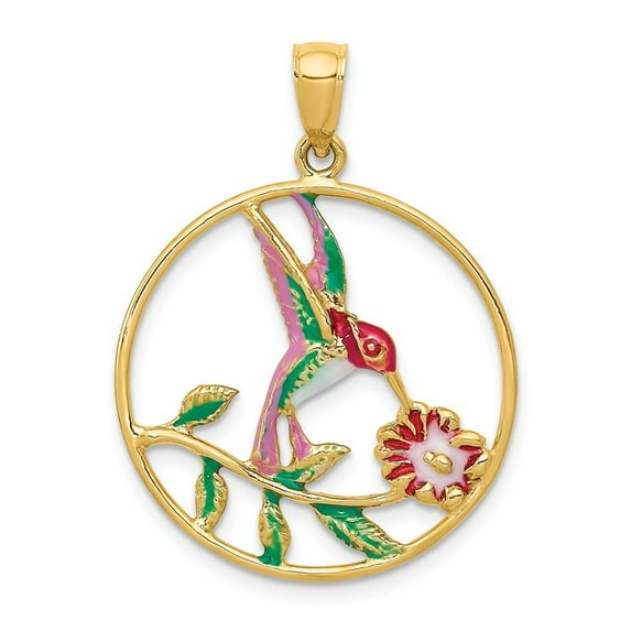 14k Yellow Gold Enameled Humming Bird and Flower Round Frame Pendant - 2.3 Grams