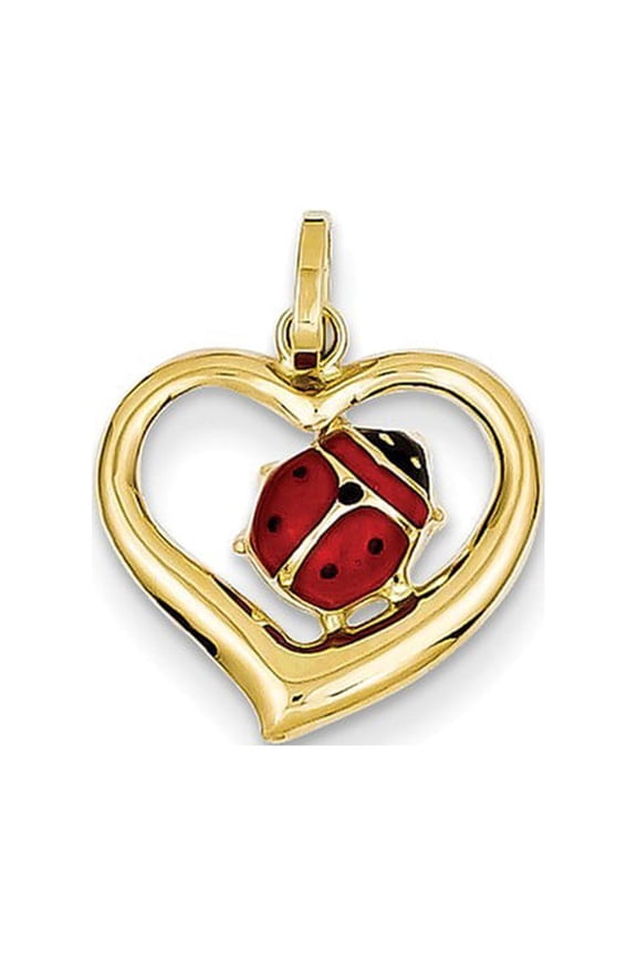 14k Yellow Gold Enameled Ladybug In Heart Charm - .4 Grams - Measures 18.5x14.5mm