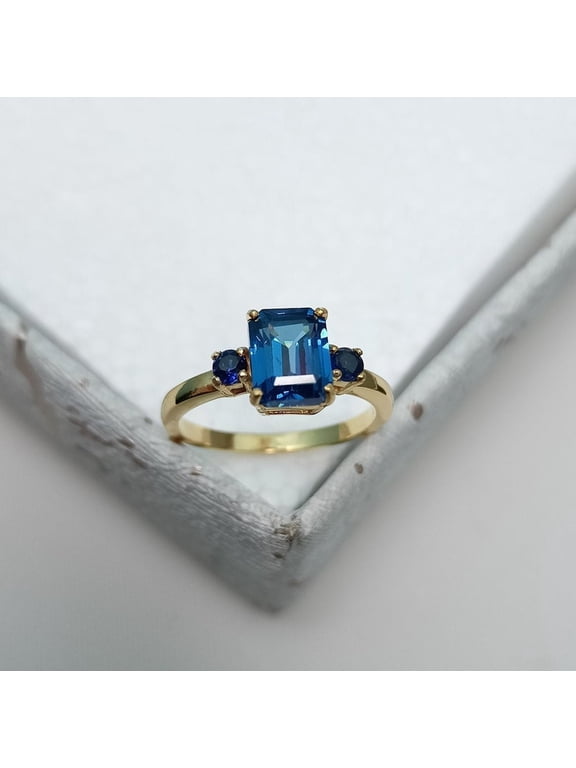 14k Yellow Gold Engagement Ring Emerald Cut Natural Blue Sapphire Ring 3 Stones Wedding Ring Astrological September Birthstone Ring