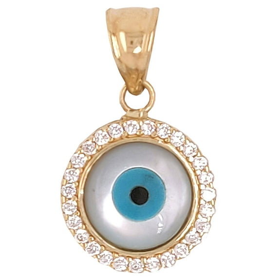 14k Yellow Gold, Evil Eye Pendant Charm Enamel Overlay Created CZ Crystals 11mm with 16" Dainty Neck Chain