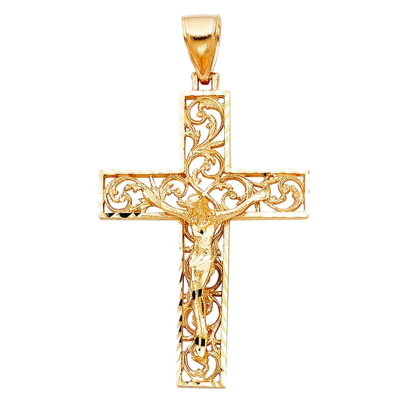 14k Yellow Gold Fancy Crucifix Pendant Necklace 36x51mm Pendant for Women - 7.1 Grams