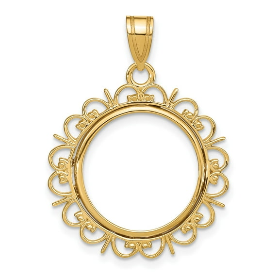 14k Yellow Gold Fancy Design Frame Prong Setting Coin Bezel Pendant Mounting - Fits 16.5mm