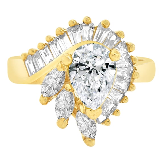 14k Yellow Gold, Fancy Estate Style Cocktail Ring Created Color Pear CZ Synthetic Apr Birthstones Size 08.0