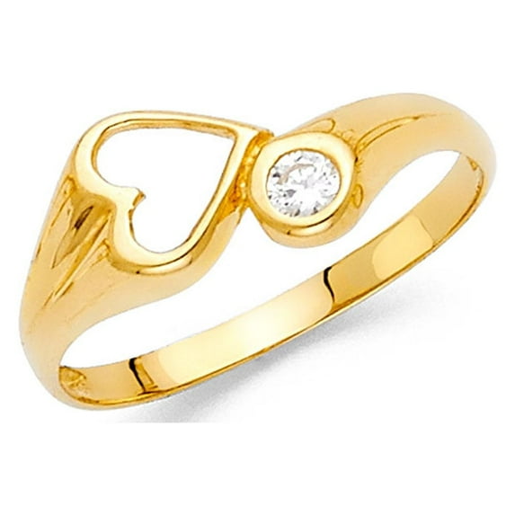 14k Yellow Gold Fancy Heart Ring Love Band CZ Promise Ring Stylish Polished Finish Fancy Size 7.5