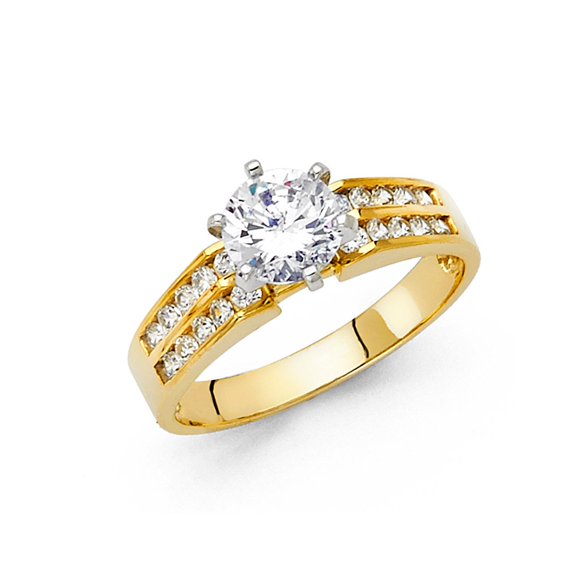 14k Yellow Gold Fancy Setting CZ Round Solitaire w/ Accent Wedding Ring