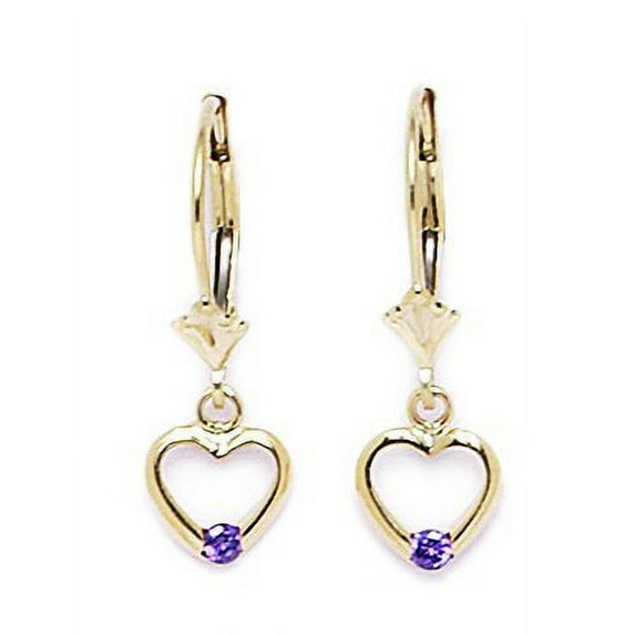 14k Yellow Gold February Purple 2x2mm CZ Heart Leverback Earrings - Measures 25x7mm
